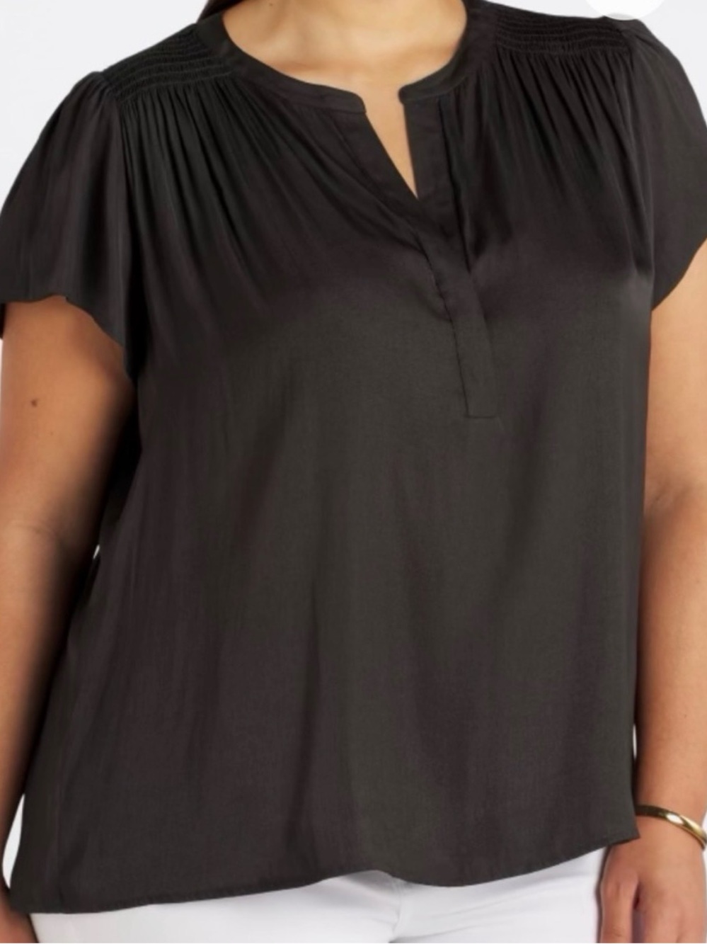Women’s Black Short-Sleeve Smocked Yoke Blouse